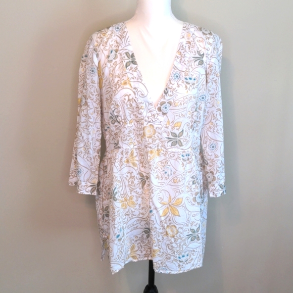 Eddie Bauer Tops - Eddie Bauer deep V-neck tunic. XL. Yellow and blue floral.
